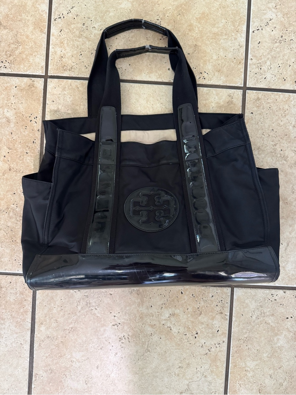Tory Burch Black Large Ella Nylon Tote with Patent Trim